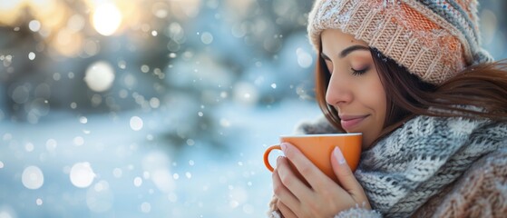 Woman Experiencing Pleasure With A Warm Cup Of Tea In Winter. Сoncept Cozy Winter Vibes, Hot Tea Delights, Warmth And Comfort, Winter Zen - obrazy, fototapety, plakaty
