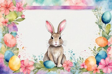 Easter bunny, watercolor rabbit with eggs, blooming elements, delightful designs for invitations, cards, greetings, and festivities