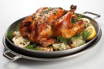 3D Render of Herbed Butter Roasted Chicken, on an isolated White background, Generative AI.
