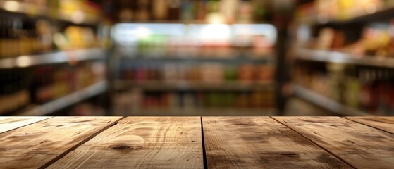 Empty Wooden Tabletop On A Shelf With Blurred Supermarket Backdrop. Сoncept Minimalist Interior Design, Urban Photography, Contrast Of Elements, Everyday Life, Visual Storytelling