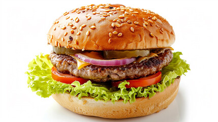 Pork Burger with mustard sauce dressing isolated on white background, Hamburger on white With work path. Made with generative ai