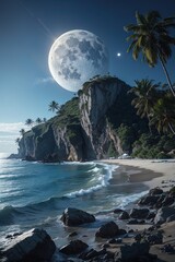 Mysterious evening on the island under the big moon