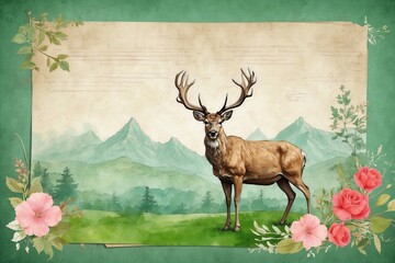 green-toned watercolor postcard featuring wild deer, floral accents, designs for invitations, cards, greetings, and congratulations