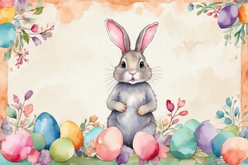 easter bunny and blooming flowers, watercolor bunny, decorative designs for Easter invitations, cards, greetings, and congratulations