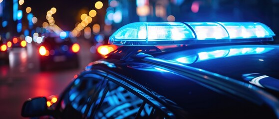 A Detailed View Of A Flashing Police Siren On A Patrol Car. Сoncept Macro Photography, Police Car Accessories, Emergency Lights, Law Enforcement Equipment - obrazy, fototapety, plakaty