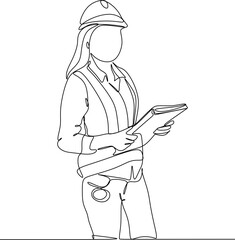 One continuous line drawing of young architect holding roll papers of draft sketch blueprint design. Building architecture business concept. Single line draw design vector graphic illustration