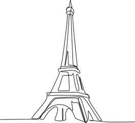 Single one line drawing of Eiffel Tower landmark wall decor poster. Iconic place in Paris, France. Tourism and travel greeting postcard concept. Modern continuous line draw design vector illustration