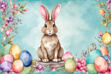 easter bunny with eggs, watercolor bunny, floral elements, delightful designs for Easter invitations, cards, greetings, and congratulations