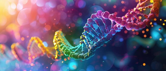 Dna Structure Digitally Depicted With Colorful Representation Of Genetic Code. Сoncept Astrobiology And The Search For Extraterrestrial Life, The Role Of Genetics In Evolution