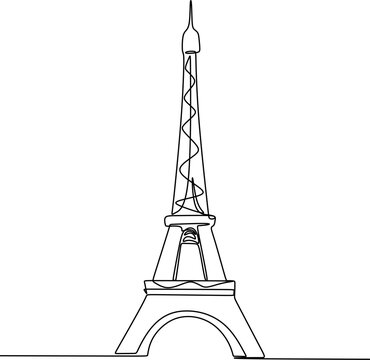 Single one line drawing of Eiffel Tower landmark wall decor poster. Iconic place in Paris, France. Tourism and travel greeting postcard concept. Modern continuous line draw design vector illustration