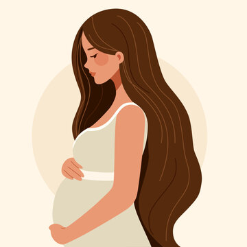 Beautiful young pregnant woman with long hair, future mom hugging belly with her arms. Waiting for a baby. Vector flatillustration