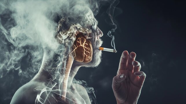 a man is smoking , human lung turning into ash and dark tar with cigarette smoke drifting around, dark black background, World No Smoking Day, Generative Ai