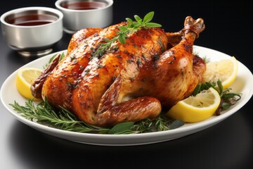 3D Render of Honey Mustard Glazed Roast Chicken, on an isolated  White background, Generative AI
