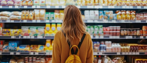 In A Supermarket, A Customer Chooses Groceries From The Shelves. Сoncept Grocery Shopping, Choosing Products, Supermarket Aisles, Shopping For Food, Selecting Items - obrazy, fototapety, plakaty