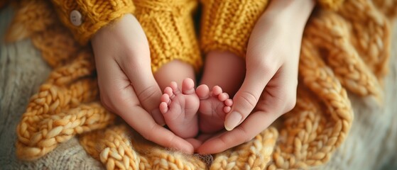 Infants Tiny Feet Cradled In Mothers Hands, Forming A Heart Shape. Сoncept Newborn Photography, Heartwarming Moments, Mother's Love, Precious Baby, Family Bond