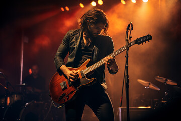 Obraz premium A guitarist stands out on stage, with a softly blurred background