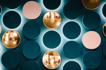 Blue and brown circle pattern on the background with light. Wall of the circle. Block prints or...