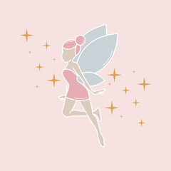 Y2k pink fairy. Silhouette of beautiful flying fairy. Gold stars, pink, pastel, colors. Magic, fantasy, Hand drawn, isolated.