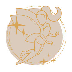 Elegant golden fairy. Silhouette of beautiful flying fairy. Gold stars, peachy, pink, pastel, colors. Magic, fantasy, Hand drawn, isolated. 
