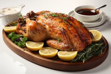 3D Render of Juicy Garlic and Lemon Roasted Chicken, on an isolated White background, Generative AI