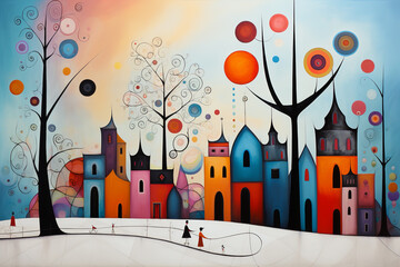 Obraz premium Geometric art drawing of magic imaginary world full with color and happiness.