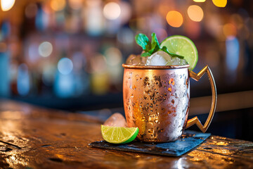 Moscow Mule alcoholic drink at a bar close-up