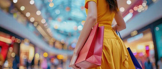 Woman Enjoys Shopping, Grasping Bags In Hand At The Mall. Сoncept Fashion Retail Therapy, Retail Therapy Fun, Mall Shopping Spree, Stylish Shopping Excursion, Retail Therapy Bliss