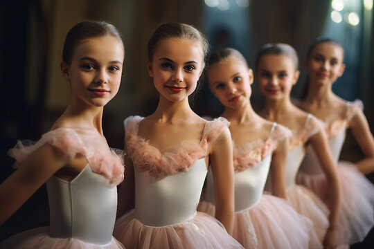 Group of cute girls ballerinas the stage school kindergarten Ballet Generative AI