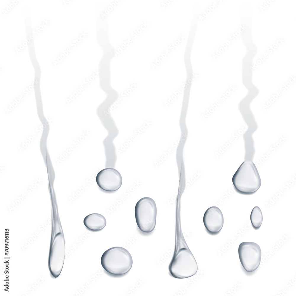 Poster rain drops on glass or flat surface. vector dripping droplets with trace flowing down. liquid or con