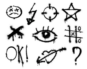 Realistic graffiti symbols and paintings. Vector isolated spray paint street art signs of star and thunderbolt, cross and heart with arrow, eye and question mark. Grungy drawing with splatter of ink © Sensvector