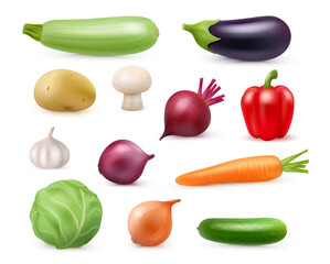 Realistic ripe vegetables whole piece raw produce. Vector isolated harvested veggies plants for vegans and vegetarian dishes, cooking dieting organic meal. Eggplant and beetroot, potato and cabbage