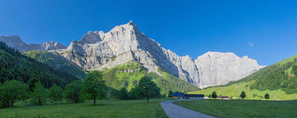 The morning panorama of north walls of Karwendel mountains - walls of Spritzkar spitze and Grubenkar spitze from Enger tall  - Grosser Ahornboden walley.
