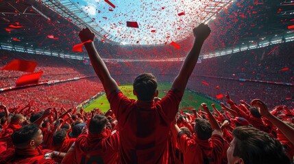 Back view photo of Asian soccer player stands on stadium and red confetti flying down as symbol of end of game and celebration.