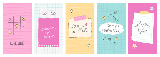 Love messages set in y2k style. Doodle hearts, stars, handwritten text on torn sheet, paper from notebook with stickers. Cool and modern Valentine's Day social media backgrounds. Vector illustration. - obrazy, fototapety, plakaty