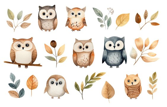 watercolor owl collection set on white background,  idea for sticker and junk journal clipart, Generative Ai