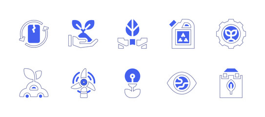Ecology icon set. Duotone style line stroke and bold. Vector illustration. Containing recycling, car, plastic, eye, scooter, light, soil, recycled bag, grow, wind mill.