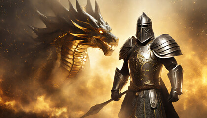 Rycerz wojownik w niezniszczalnej zbroi a w tle smok zionący ogniem. AI Generative.