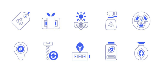 Ecology icon set. Duotone style line stroke and bold. Vector illustration. Containing tag, lightbulb, recycle, battery, photosynthesis, radiation, biology, soap, screw.