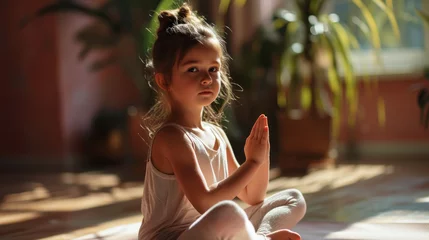 Keuken spatwand met foto Close up of cute small girl doing yoga. Sport, relax and meditation concept. Healthy childhood. Generative AI © AngrySun