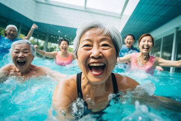 Fototapeta premium プールで運動しているシニア女性