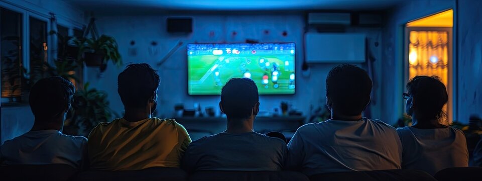 Group of people, friends sitting on couch and watching football match translation online on TV in the evening. Sport fans cheering up team