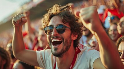 Emotional, happy and excited young man, people watching football match on tribune, shouting cheering up favorite team - obrazy, fototapety, plakaty