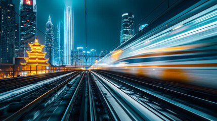Fototapeta na wymiar A high-speed train rushing through a modern cityscape at night.