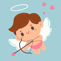 character Cute Adorable Cupid on blue background. Amur baby, little angel or god Eros. Adorable angel. Concept of valentine's day, wedding, fall in love. vector.