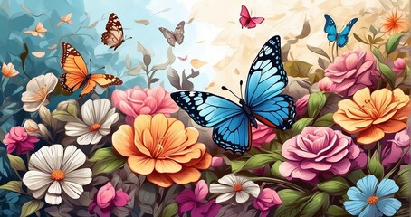 A lush garden alive with fluttering butterflies. Show vibrant flowers attracting a kaleidoscope of butterfly species, with intricate details of their colorful wings.  - Generative AI