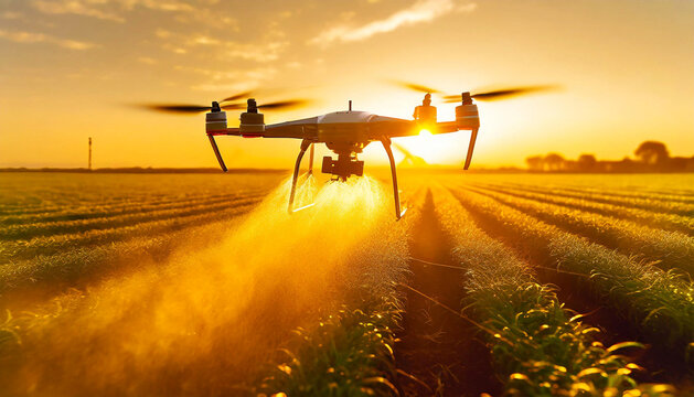 Close-up of a moving drone spraying pesticides or fertilizers on a cultivated field at sunrise or sunset.