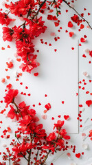 Blank paper card mockup with red flowers and heart-shaped confetti. Luxury greeting card design concept. Generative AI