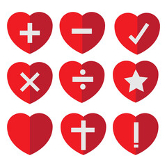 Tick, cross signs in red heart icons. Checkmark OK and red X icons, Simple marks graphic design. Symbols YES and NO button, Check box list. Check marks or Valentine vector - Stock vector illustration.