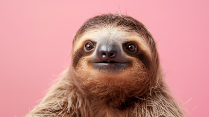 Happy Sloth isolated on the Pastel Pink Background. Symbol of Tranquility. Endangered species. Slow Living Concept. 