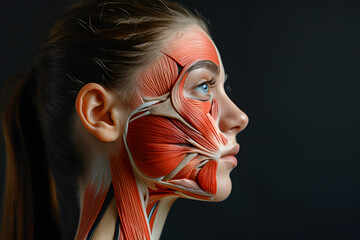 SIde view woman face human anatomy, skin and muscles